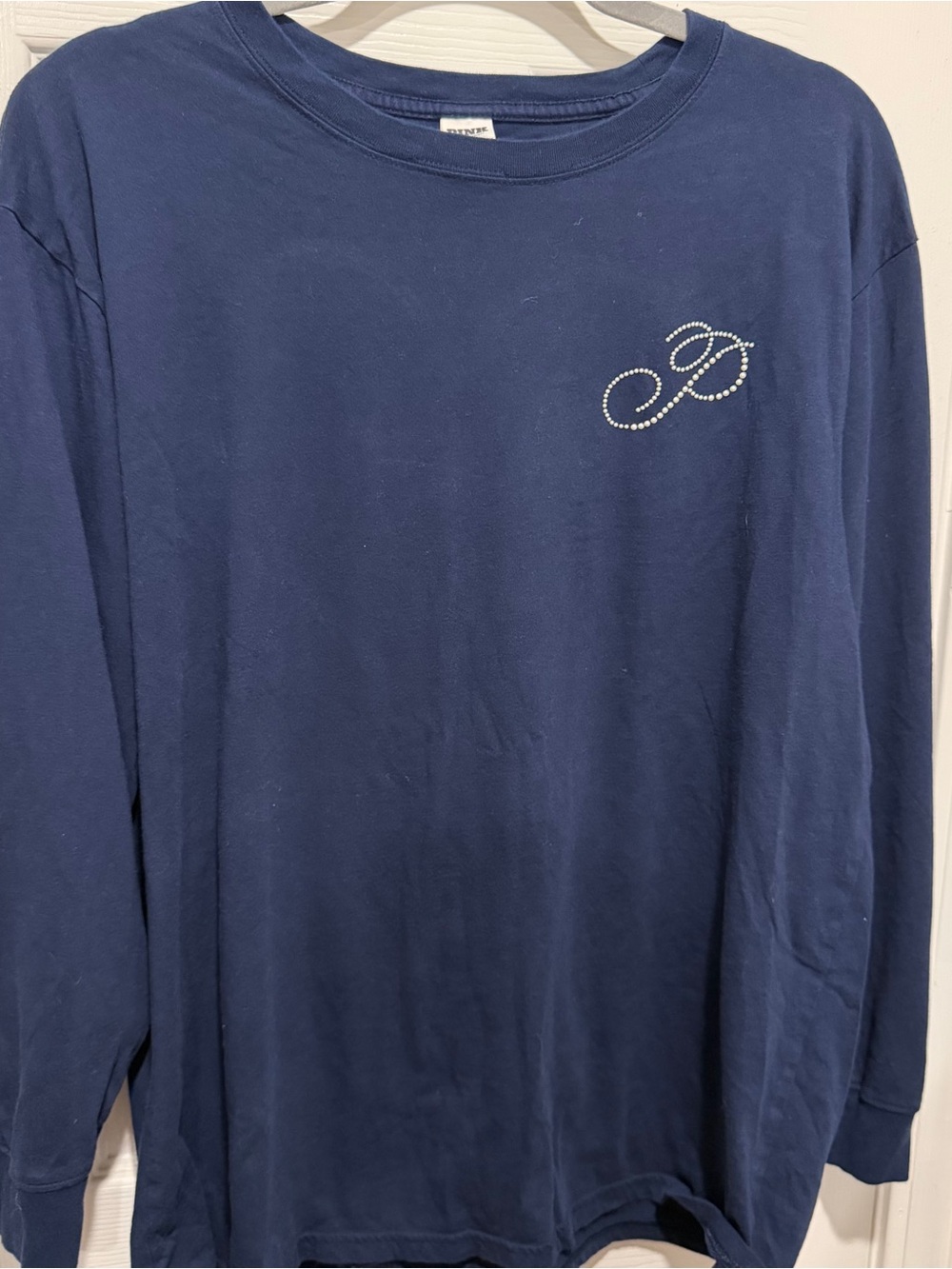 PINK Victoria’s Secret Navy Long Sleeve Logo Tee Rhinestone Graphic Size L